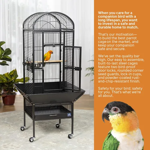 Vista 3 de Prevue Pet Products 34511 Dometop - Jaula para pájaros, pequeña, color negro Powder‑Coated Steel Cage with Wheels, Seed Guards, and Perch, Ideal