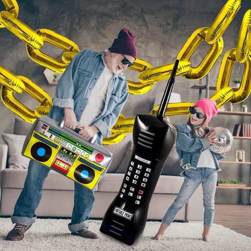 Vista 6 de Paquete de 26 micrófonos inflables de radio Boombox para teléfono móvil y globos de cadena de lámina dorada para adultos de los años 80 y 90