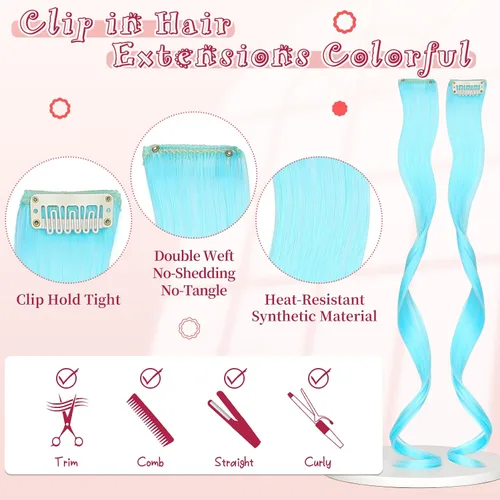 Vista 3 de Extensiones de cabello de colores, 12 piezas de 20 pulgadas, extensiones de cabello con clip de color azul T, arco iris, para fiesta, largo