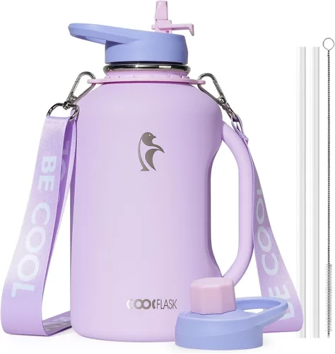 Vista 8 de Coolflask - Botella de agua aislada de 64 onzas, jarra de agua de medio galón con asa, popote de acero inoxidable, doble pared, de metal al vacío