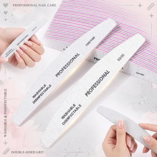 Vista 5 de 25 limas de uñas profesionales de media luna, grano 100/100 de doble cara, herramientas reutilizables para limar uñas naturales y acrílicas