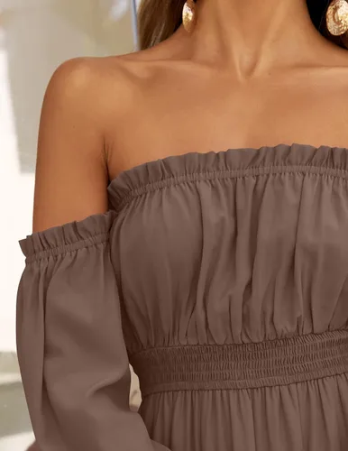 Vista 148 de ZESICA - Vestido largo, bohemio y sexy, con hombros descubiertos y manga larga fruncida, con elástico fruncido, cintura alta y abertura lateral
