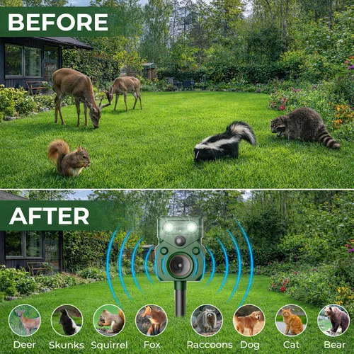 Vista 2 de Repelente solar ultrasónico de animales al aire libre – Activado por movimiento, IP65 impermeable, diseñado para desalentar a los animales