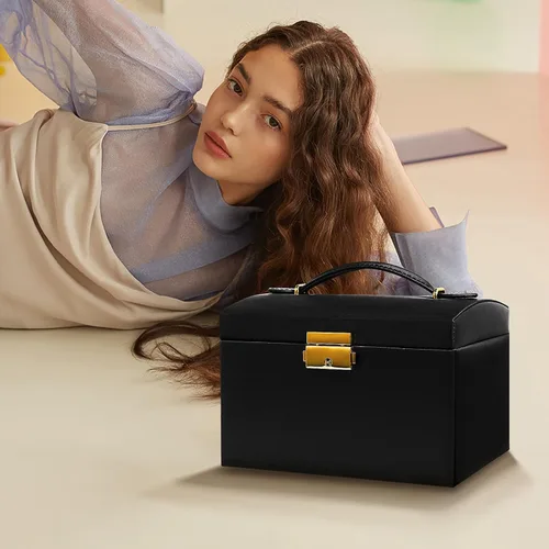 Vista 2 de Joyero para niñas y mujeres, organizador de joyas de 3 capas con piel sintética, estuche de viaje con espejo, almacenamiento de joyas para aretes