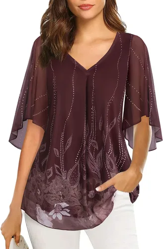 Vista 2 de Bebonnie Blusas holgadas de malla floral con cuello en V y mangas acampanadas para mujer