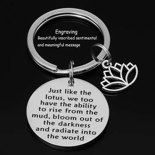 Vista 3 de Llavero de flor de loto, joyería budista, citas inspiradoras, regalo de motivación, yoga, karma, amantes inspirados, Acero-inoxidable