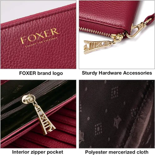 Vista 5 de FOXLOVER Carteras de cuero genuino para mujer, con bloqueo RFID, con cremallera, con pulsera