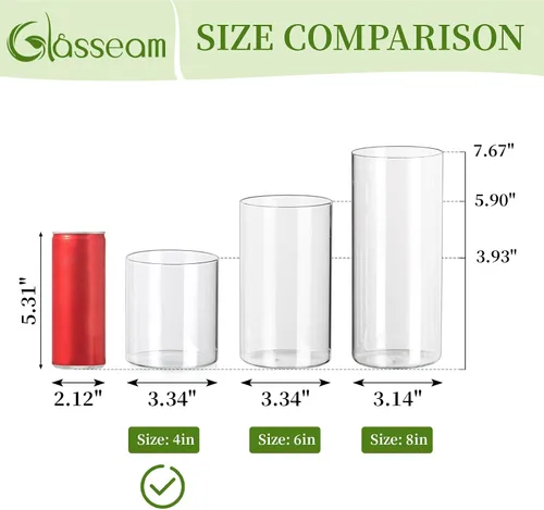 Vista 5 de Glasseam Jarrones Cilíndricos para Centros de Mesa, Juego de 6 Jarrones de Vidrio Transparente para Flores, Jarrón Moderno Pequeño para Velas