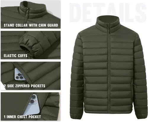 Vista 5 de WHN Chaqueta acolchada para hombre, ligera, impermeable, resistente al viento, cuello alto, con cremallera completa, con 3 bolsillos