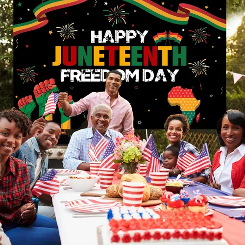 Vista 4 de Ansoufien Fondo de decoración Juneteenth, 71 x 43 pulgadas, poliéster, negro, Juneteenth