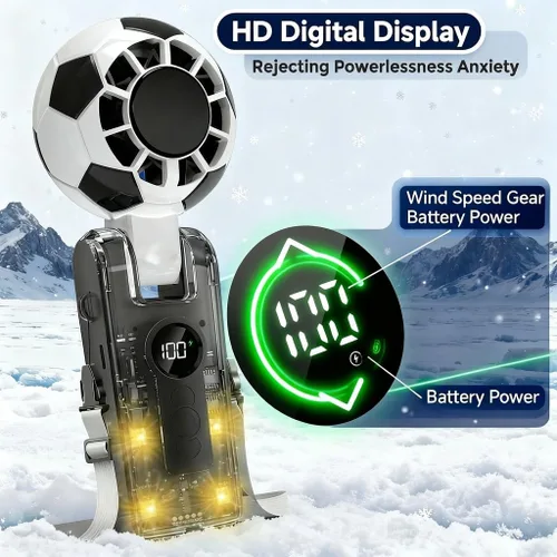 Vista 3 de QQT Ventilador turbo portátil de mano con refrigeración por hielo, batería de 5 velocidades recargable plegable, luces LED de 4 modos, hasta 12 Negro