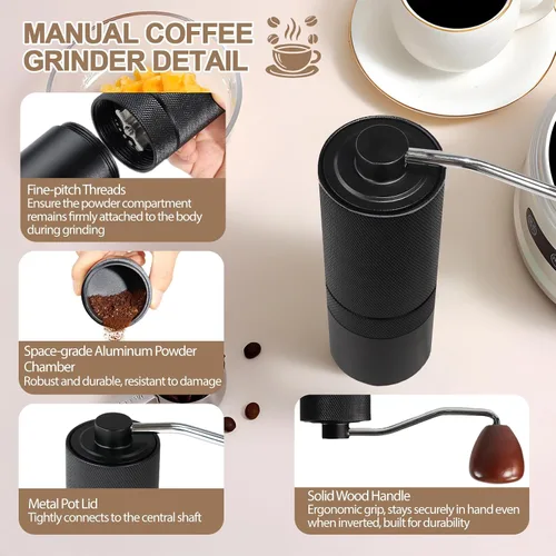 Vista 5 de Molinillo de café manual desmontable con rebabas cónicas de acero inoxidable de 25 niveles, molinillo portátil de grano de café de aluminio