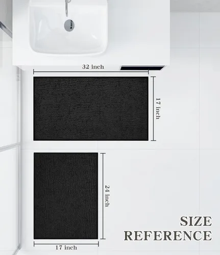 Vista 2 de Chakme Juego de 2 alfombras de baño ultrafinas, absorbentes, antideslizantes, lavables a máquina, color negro, 17 x 24 pulgadas / 17 x 30 pulgadas