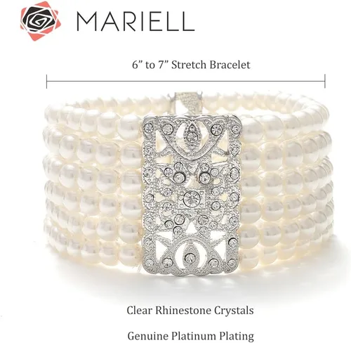 Vista 5 de Mariell Pulsera elástica de perlas de marfil y cristal, tamaño mediano de 6 a 7 pulgadas, se adapta a la mayoría de muñecas, perlas de imitación