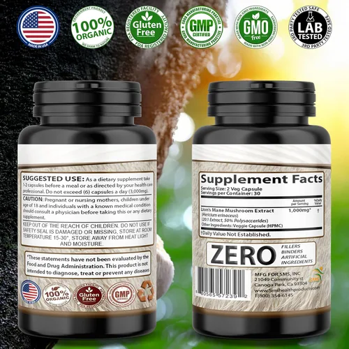 Vista 2 de Lion's Mane Pills Cápsulas de cognición de hongos (60 cápsulas vegetales) 30% de polisacáridos - Cápsulas de extracto de melena de león Suplemento