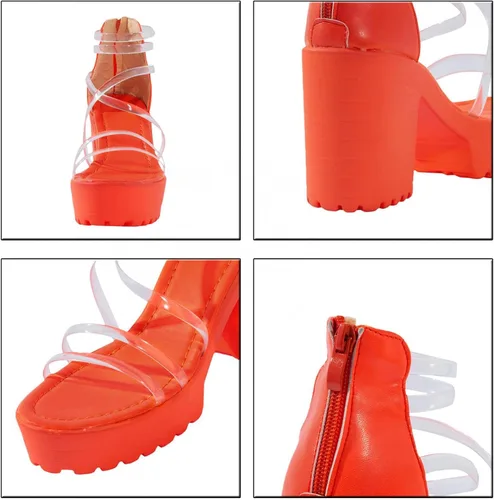 Vista 5 de AIHOU Sandalias de plataforma para mujer, puntera abierta, tacón grueso, tacón alto, sandalias casuales de verano con tiras para mujer