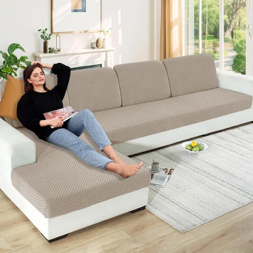 Vista 81 de YEMYHOM Funda de cojín para sofá, funda de cojín de asiento de alta elasticidad, tela jacquard geométrica de felpa, protector de sofá antideslizante