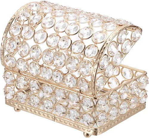 Vista 8 de Hipiwe Joyero de cristal grande dorado con tapa, organizador de joyas con espejo, caja de recuerdos, aretes, anillos, caja de joyería decorativa