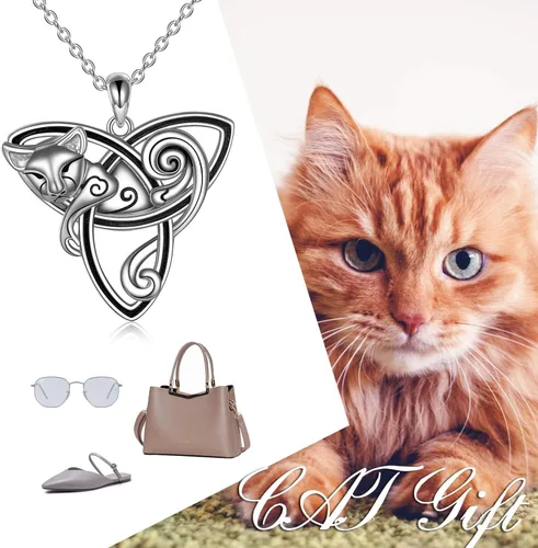 Vista 5 de POPLYKE Collar de gato celtacollar de urna de gato para mujer, plata de ley, triquetra, collar de nudo de trinidad celta para niñas, regalos