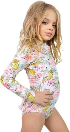 Vista 3 de Tame the Sun Traje de baño de manga larga para niñas, UPF 50+, edades de 3 a 14 años, con volantes, traje de baño de una pieza para niñas