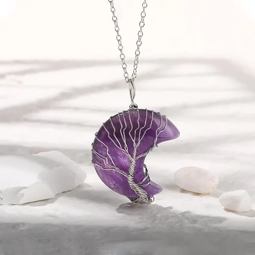 Vista 5 de Jeulia Collar de piedra de cristal curativo colgante de luna creciente envuelto en alambre de árbol de la vida, piedra preciosa natural, cristal