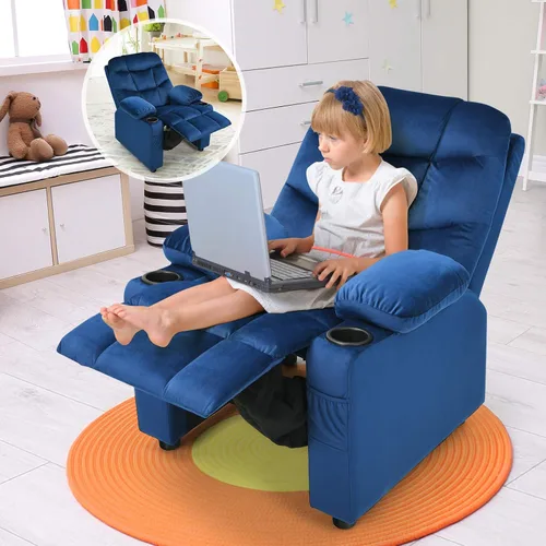 Vista 9 de Costzon Silla reclinable para niños con soporte para tazas, silla de salón de terciopelo ajustable con reposapiés y bolsillos laterales