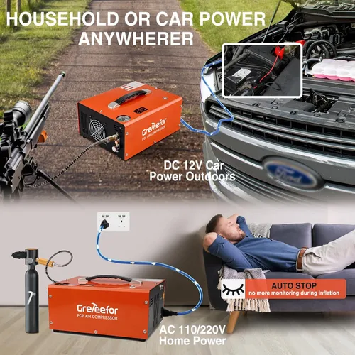 Vista 4 de Compresor de aire PCP 4500PSI/30MPA, bomba de llenado rápido sin aceite de 350W con apagado automático, alimentación dual 12V DC y 110V/220V AC
