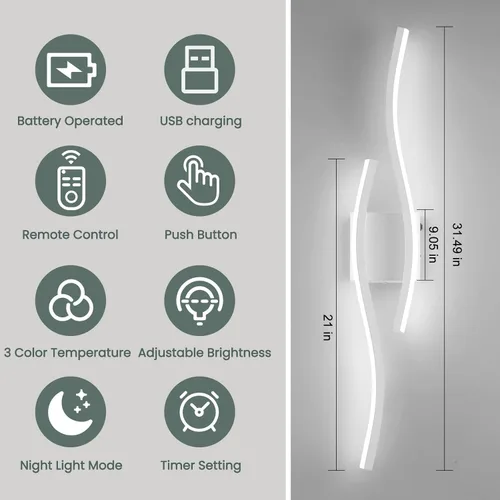 Vista 4 de Juego de dos apliques de pared LED modernos, apliques de pared regulables, 3000K-6500K LED inalámbrico con control remoto, lámpara de pared