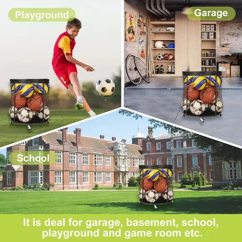Vista 2 de Organizador de equipo deportivo para garaje, soporte de pelota de malla para fútbol, baloncesto, voleibol, béisbol, carrito de pelota de 48 galones