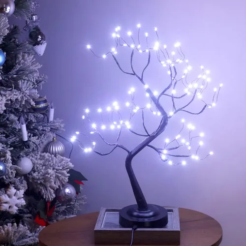 Vista 11 de 108 luces LED para árbol de mesa, 20 pulgadas, lámpara artificial de árbol bonsái parpadeante con 8 modos de iluminación y temporizador, decoración