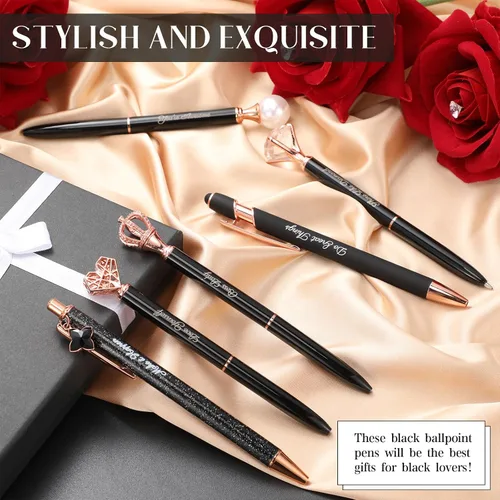 Vista 4 de Qeeenar 6 bolígrafos elegantes para mujer, bolígrafo de diamantes de cristal para diario, bonito bolígrafo con purpurina con caja, regalos Negro