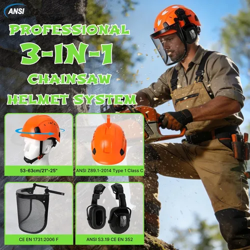Vista 2 de Aolamegs Casco de motosierra con protector facial y orejeras, casco forestal naranja con protección auditiva y máscara de malla completa, casco