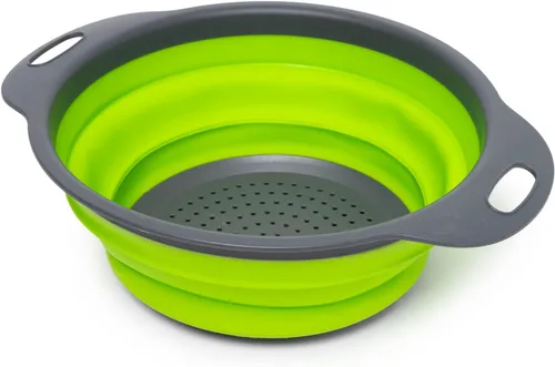 Vista 2 de Juego de 2 coladores plegables de silicona, de grado alimenticio, perfecto para drenar pasta, verduras y frutas (verde)