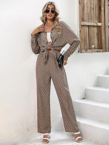 Vista 5 de GORGLITTER Conjunto de 2 piezas con estampado de manga larga y cuello con botones y pantalones largos para mujer