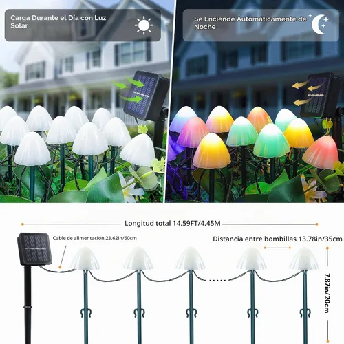 Vista 4 de Juego de 12 luces solares de jardín de hongos, 2 modos de 14.5 pies, funciona con energía solar, luces nocturnas de hongos, impermeables