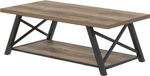 Vista 9 de EXCEFUR Mesa de centro moderna, mesa central rectangular para sala de estar con estante de almacenamiento, mesa de té de cóctel industrial de madera