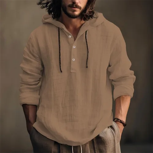Vista 2 de Sudadera con capucha de lino y algodón para hombre, de manga larga, transpirable, casual, para primavera y otoño