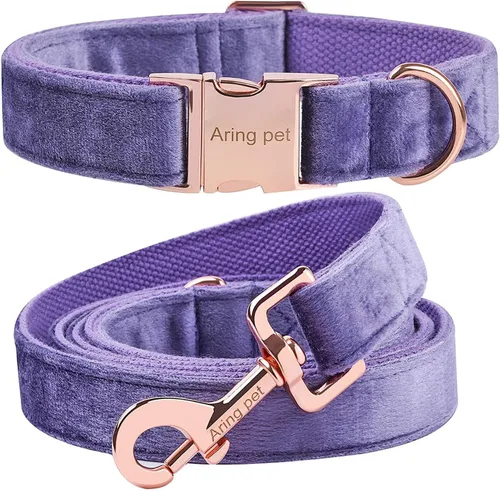 Vista 14 de ARING PET Collar y correa para perro, juego de collar y correa de terciopelo para perro, suave y cómodo, collares ajustables para perros