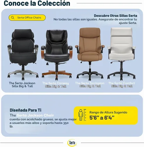 Vista 11 de Silla de oficina Serta grande y alta con capas inteligentes y tecnología de aire, Cuero, Negro