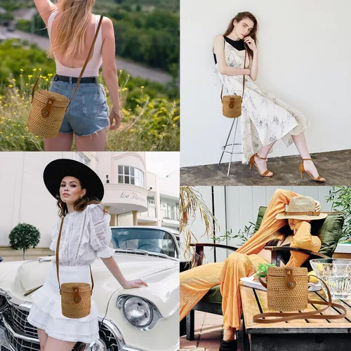 Vista 6 de Bolsa de ratán, bolsa de playa para mujer, bolso bohemio tejido a mano con correas de cuero, Marrón
