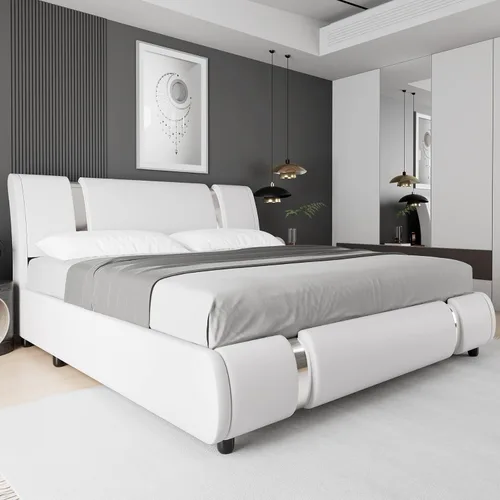 Vista 15 de TTVIEW Moderna base de cama tapizada de piel sintética con decoración de metal de hierro dorado, cabecera curvada ajustable, soporte de listones