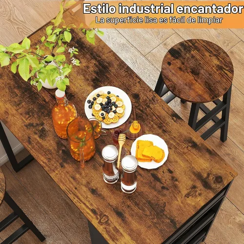 Vista 4 de Giantex Juego de mesa de comedor de 3 piezas, mesa de cocina rectangular de 36 pulgadas y 2 taburetes de bar con estantes de almacenamiento, juego