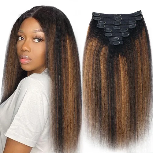 Vista 77 de Extensiones de cabello humano real rizado con clip, 4/27/4, ombré, rizado con clip, para mujer, 3C y 4A (12 pulgadas, #4/27/4)