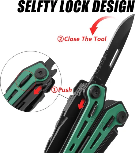 Vista 4 de FLISSA Alicates multiherramientas 16 en 1, regalos para hombres, multiherramienta EDC de acero inoxidable con cuchillo de bolsillo, clip
