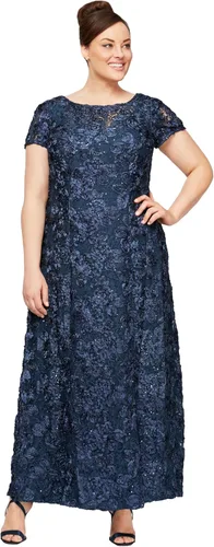 Vista 14 de Alex Evenings Women's Long Rosette Mother of The Bride Dress with Short Sleeves Bígaro cepillado