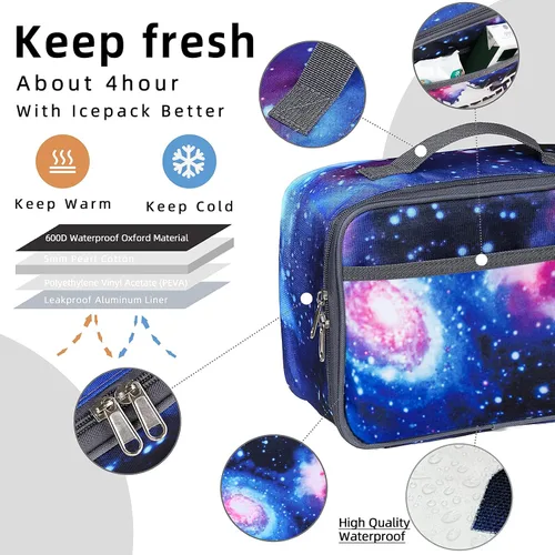 Vista 3 de Lonchera aislada con galaxia para niños y niñas, lonchera reutilizable para niños, escuela, picnic, viajes