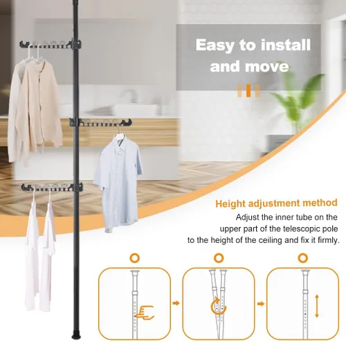 Vista 4 de Hershii - Perchero telescópico para colgar ropa, poste de tensión 4 Tiers Coat Tree Garment Drying Stand Floor to Ceiling Corner Storage Organizer