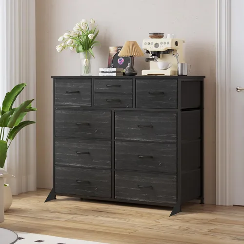 Vista 2 de LUMTOK - Cómoda de 10 cajones, cómodas de tela para dormitorio, pasillo, guardería, armarios, marco de acero, parte superior de madera, mango fácil
