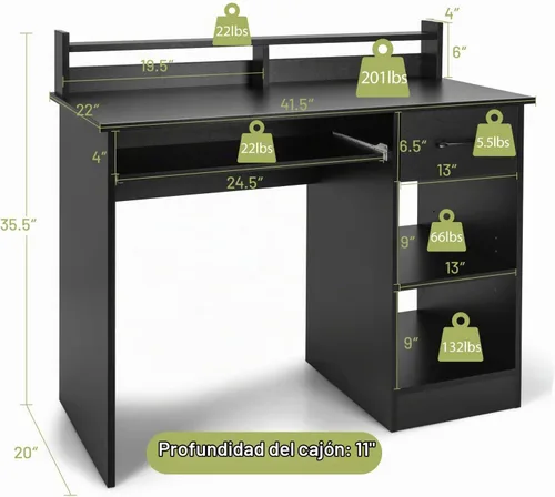 Vista 3 de Tangkula Escritorio para computadora con cajón y bandeja para teclado, escritorio de estudio moderno con gabinete de escritorio y estantes de Negro