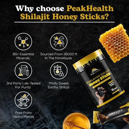 Vista 3 de Peakhealth Palitos Shilajit con miel orgánica, azafrán Shilajit del Himalaya para hombres 30 barras para energía natural y estilo de vida activo